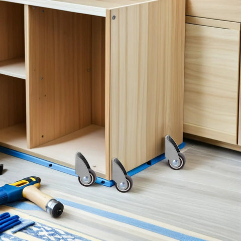 Fixed Caster Wheels Inch 6pcs Rubber for Furniture and Carts installed on wooden furniture with gray and blue accents.