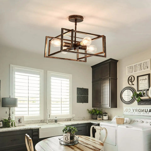 4 Light Close To Ceiling Bronze Industrial Flush Mount Chandelier Fixture in kitchen with rustic farmhouse decor