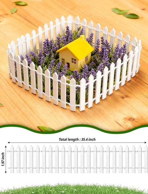 Three Piece 35 Inch White Mini Christmas Garden Fence For Fairy Gardens And Dollhouses Wood Picket Ornament Fence For Landscaping And Dollhouse Village DIY Build Easy To Install Durable Reusable Garden Decor shown as border around miniature house and flowers.