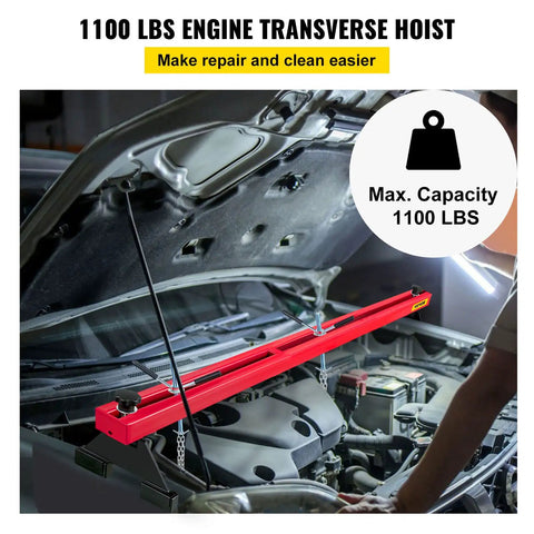 Beefy Heavy Duty Engine Support Bar 1100 Lbs Capacity For Transmissions And Engine Removal With 2 Point Lift Dual Hooks Stable Hoist For Home Garages And Auto Repair Shops. red steel engine support bar in car bay, 1100 lb capacity