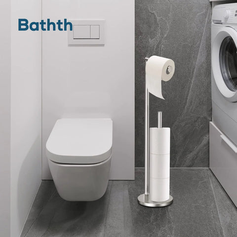Brushed Nickel Free Standing Toilet Paper Holder Stand with space for one in use roll and three spare rolls in a modern bathroom.