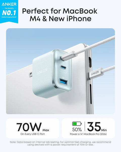 Three Port USB C Charger With 70W Max Per Port And Type C PD Fast Charging For MacBook Pro And Other Laptops Travel Friendly Ultra Compact Keeps Devices Powered On The Go, blue
