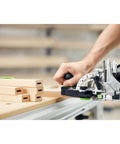 Domino Joiner DF 500 Q Mortising Tool With 5mm Cutter in use on wooden boards for clean repeatable mortises.