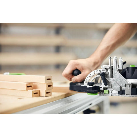 Domino Joiner DF 500 Q Mortising Tool With 5mm Cutter in use on wooden boards for clean repeatable mortises.