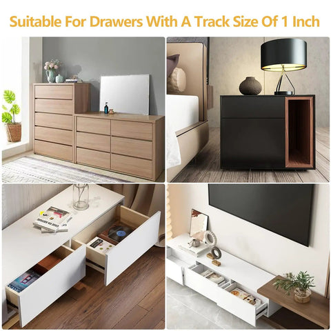 Rock Solid Hella Tough 4 Pack C Shaped Drawer Slide Brackets Heavy Duty Nylon Face Frame Sockets For 1 Inch Cabinet Pull Out Shelving Hardware Mount Kit displayed with furniture showcasing cabinets.