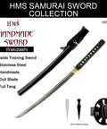 Unsharpened Stainless Steel Wakizashi Iaito For Iaido Practice, 21 Inch Blade With Bo Hi Fuller shown with black saya.