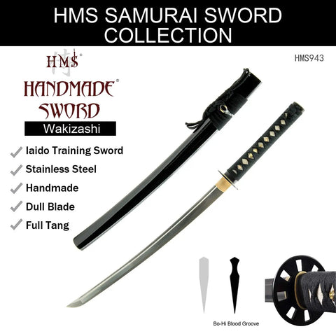 Unsharpened Stainless Steel Wakizashi Iaito For Iaido Practice, 21 Inch Blade With Bo Hi Fuller shown with black saya.