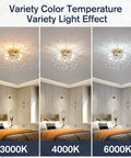 Three images of Six Light Sputnik Flush Mount Ceiling Light In Gold With Crystal Firework Design Close To Ceiling Fixture