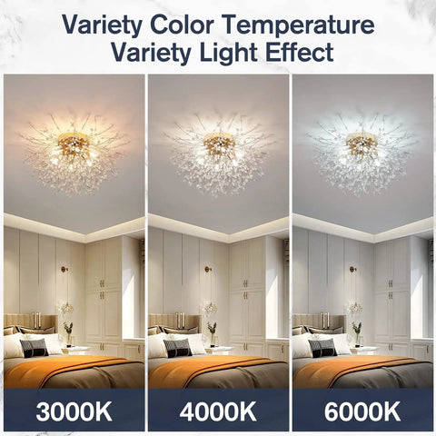 Three images of Six Light Sputnik Flush Mount Ceiling Light In Gold With Crystal Firework Design Close To Ceiling Fixture