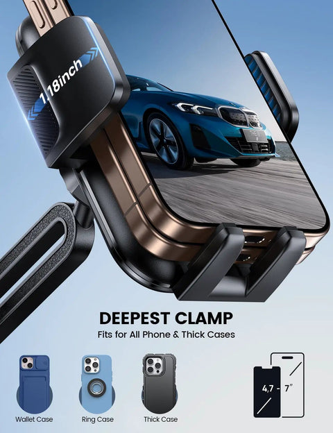 Cup Holder Phone Mount For Car Universal Fit 4 To 7 Inch Phones with deepest clamp feature and thick phone case compatibility.