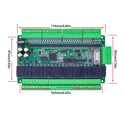Industrial PLC Control Board For Factory Automation With 32 Inputs And 24 Outputs, top view with measurements