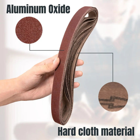 Top Shelf 1X30 Sanding Belts 10 Pack 80 Grit Aluminum Oxide Open Coat X Weight Cloth Backing shown in hand with material details.