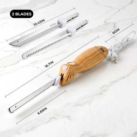 Prikoi Electric Carving Knife For Meat Slicing, Dual Stainless Blades, Easy Grip Handle, 10.43in and 16.7in blades for turkey and ham.