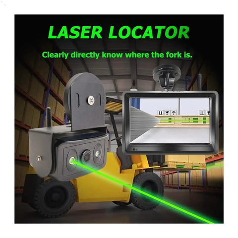 Heavy Duty Forklift Camera Kit With Crisp 5 Inch Dvr Monitor showing laser locator attached with clear display in warehouse.