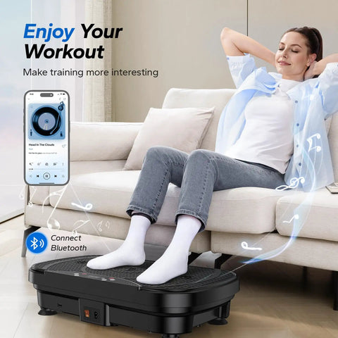 Woman using Vibe Plate Exercise Machine For Lymphatic Drainage And Weight Loss, Bluetooth Enabled Vibrating Plate at home