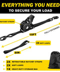 10 Foot Heavy Duty Retractable Ratchet Straps With Slick Auto Rewind System And Quick Release Clasp For Zero Drama Load Hauling 1800 Lb Grip Black Two Pack, shown with storage bag and soft loops.