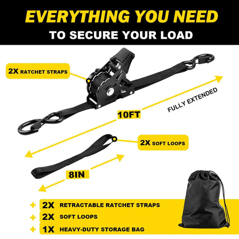 10 Foot Heavy Duty Retractable Ratchet Straps With Slick Auto Rewind System And Quick Release Clasp For Zero Drama Load Hauling 1800 Lb Grip Black Two Pack, shown with storage bag and soft loops.
