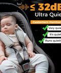 Sleeping baby in a grey car seat with ultra quiet feature < 32dB, showcasing comfort and safety while traveling.