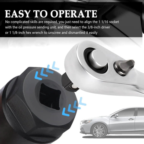 Killer Build Car Oil Pressure Sensor Socket With Three Eighth Inch Drive Anti Rust Twenty Seven Millimeter Size One One Sixteenths Inch Fit easy to operate, aligning ratchet with 1 1/16 socket.
