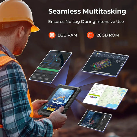 Badass Rugged Windows Tablet With 8-Inch Sunlight Readable Screen, built tough for job sites, showcasing multitasking capabilities.