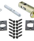 Meadows Plate Privacy Waldorf Door Knob Set In Timeless Bronze With Lead Crystal Knobs installation components including latch and screws