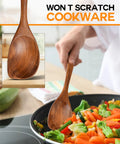 Cooking with Pro Grade Teak Wood Cooking Spoons Set With Heavy Grip, shown stirring vegetables in a nonstick pan.