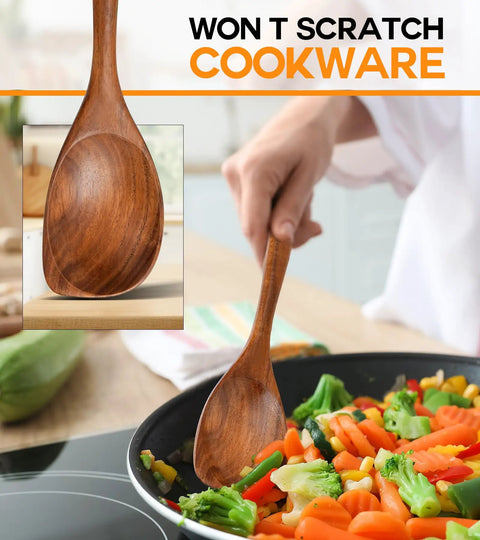 Cooking with Pro Grade Teak Wood Cooking Spoons Set With Heavy Grip, shown stirring vegetables in a nonstick pan.
