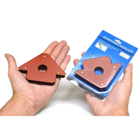 4 Pack Magnetic Welding Holders With 25 Lb Holding Power For Metalworking, showing red magnet in hand and packaging
