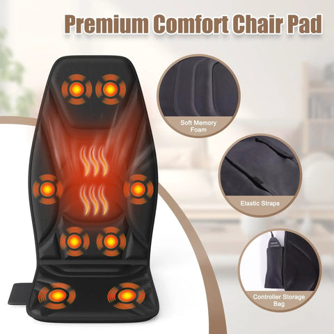 Portable Back Massager With Heat And Vibration, 8-point massage on premium chair pad, soft memory foam, elastic straps, storage bag