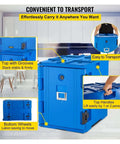 Insulated Food Pan Carrier With Wheeled Front Load Design For Catering And Delivery, durable blue cabinet with handles and grooves.