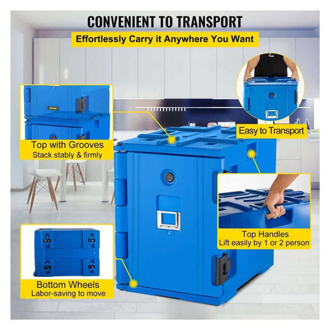 Insulated Food Pan Carrier With Wheeled Front Load Design For Catering And Delivery, durable blue cabinet with handles and grooves.