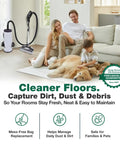 Family with dog using ProTeam 6QT vacuum featuring high efficiency replacement vacuum bags for effective cleaning.