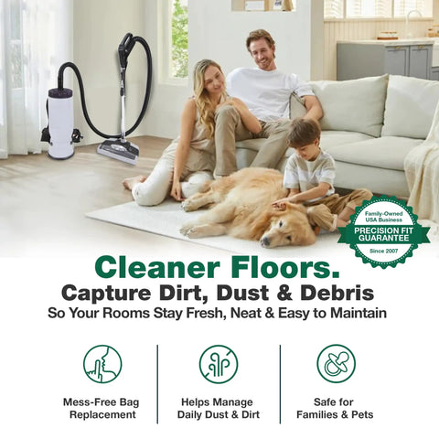 Family with dog using ProTeam 6QT vacuum featuring high efficiency replacement vacuum bags for effective cleaning.