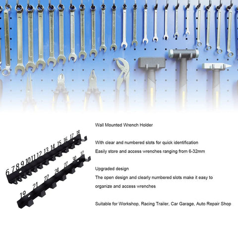 20 Slot Wall Mount Wrench Rack Organizer with numbered slots for 6mm to 32mm wrenches, displayed on a tool board.