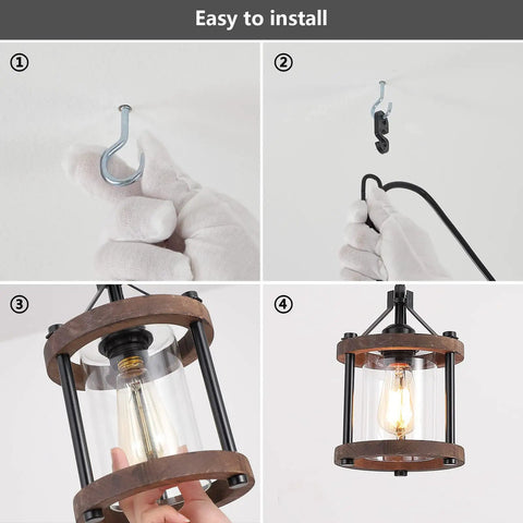 Installation steps for Cozy Farmhouse Style Plug In Pendant Light With Rustic Wood And Glass Cylinder, Bronze Metal Finish