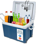 Top Notch 48 Quart Electric Cooler And Warmer With Wheels Grab And Go Thermoelectric Portable Fridge For Tailgates And Road Trips Keeps Drinks Icy Cold And Snacks Hot No Sweat with drinks and snacks inside.