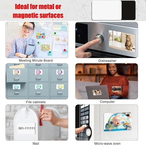 Uses of 100 Set Rectangle Fridge Magnet Maker Kit With 3.15x2.1 Inch Press Supplies For DIY Photo Magnets on various surfaces.