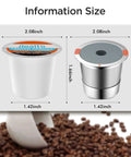 Eco Friendly Reusable K Cup Coffee Filters 3 Pack Stainless Steel Refillable Cups For 2.0 And 1.0 Coffee Makers Brewers BPA Free Lead Free DEHP Free Dishwasher Safe Durable Metal Filter For Fresh Brewed Coffee size details shown with coffee beans