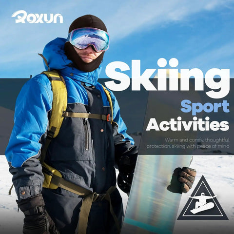 Person on snowy mountain wearing blue jacket and Balaclava Ski Mask 5 Pack Neck Gaiter for Motorcycle and Outdoor Sports All Season