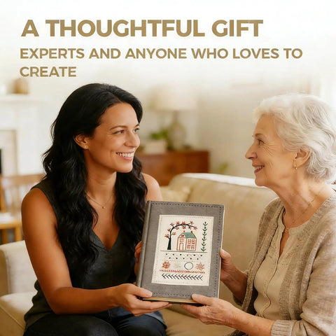 Two women smiling while holding the Upgraded Embroidery Stitch Book Kit For Beginners With Full Tools And Clear Tutorial 106 Pattern Library.