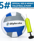 Official size volleyball with pump included, featuring blue, gray, and white panels, branded with "Olybeaka."