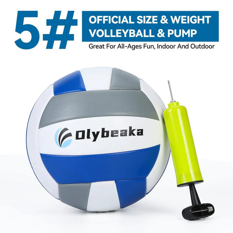 Official size volleyball with pump included, featuring blue, gray, and white panels, branded with "Olybeaka."
