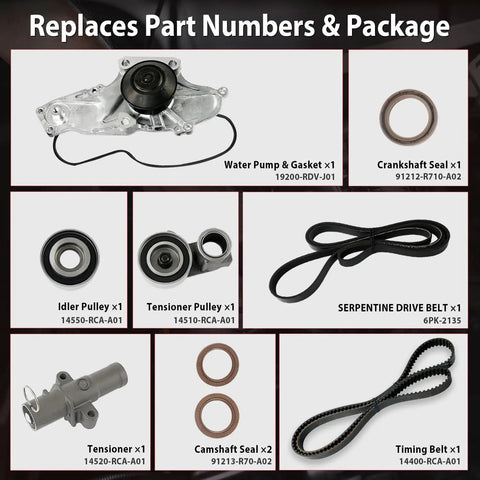 Timing Belt Kit With Water Pump Drop-In Ready Direct Fit For Honda Accord Acura MDX components and part numbers displayed