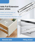 22 Inch Full Extension Drawer Slides Four Pairs Heavy Duty Ball Bearing Side Mount Runners For Dresser Kitchen Cabinet And Pantry Drawers, showing bedside table and filling drawer setups.