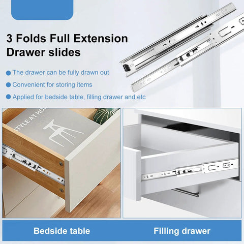 22 Inch Full Extension Drawer Slides Four Pairs Heavy Duty Ball Bearing Side Mount Runners For Dresser Kitchen Cabinet And Pantry Drawers, showing bedside table and filling drawer setups.