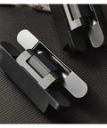 Real Quick And Easy Concealed Hydraulic Hinge With Three Way Tweaks And Silky Soft Close Action Swinging Up To Two Hundred Pounds For Smooth Flush Kitchen Doors In Heavy Duty Black, detailed view of hinge mechanism.