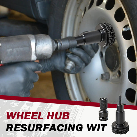 Mechanic using Wheel Hub Cleaning Tool Set With Five Cleaning Heads For Passenger Cars And Trucks Pro Grade Heavy Duty Durable Stud Cleaner And Hub Resurfacing Kit For Rust And Paint Removal Easy Maintenance on wheel hub