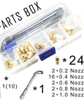 24 Piece Brass MK8 3D Printer Nozzle Set For Makers Pro Grade With 0.2mm 0.4mm 0.6mm 0.8mm 1.0mm Nozzles in parts box