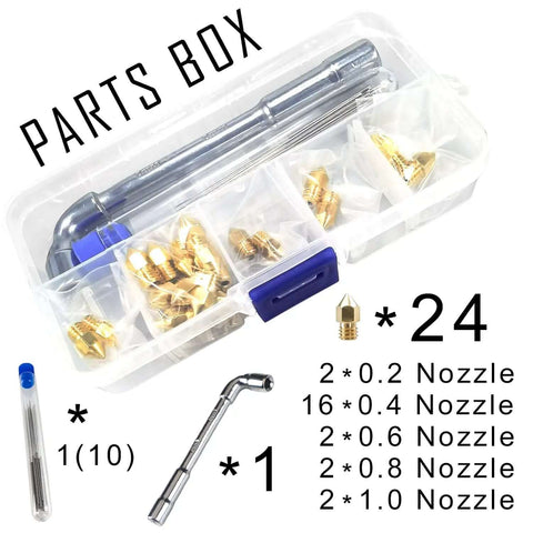 24 Piece Brass MK8 3D Printer Nozzle Set For Makers Pro Grade With 0.2mm 0.4mm 0.6mm 0.8mm 1.0mm Nozzles in parts box