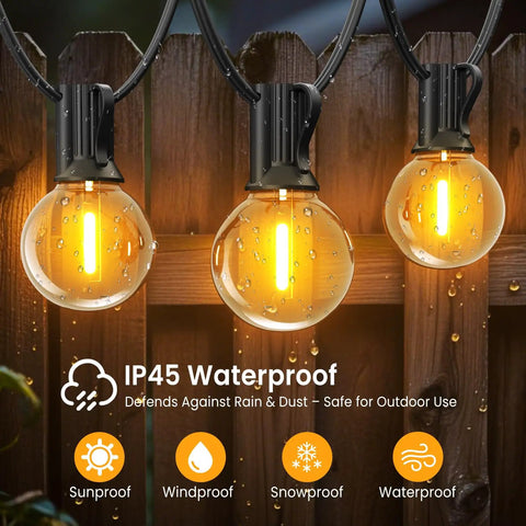 Close-up of Lit Outdoor Edison Style String Lights 200Ft With 102 Shatterproof ST38 LED Bulbs For Patio Balcony backyard